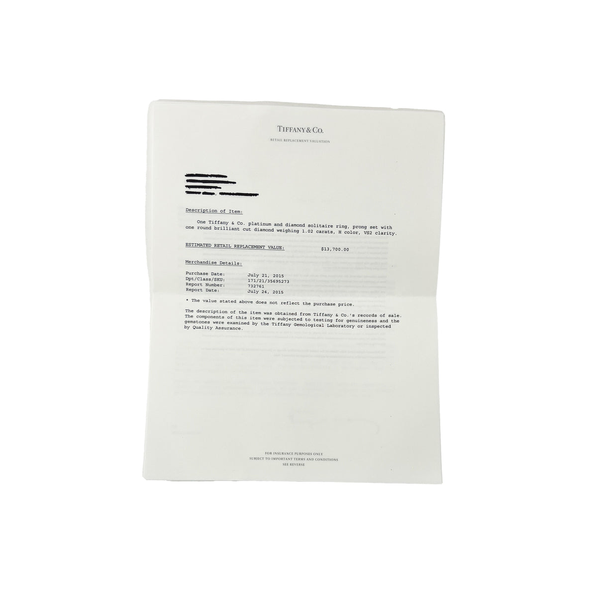 Tiffany & Co. Tiffany Solitaire Engagement Ring in  Platinum H VS2 1.02 CTW stamp