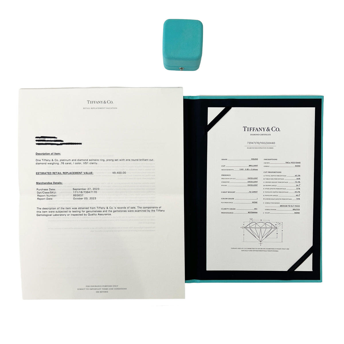 Tiffany & Co. 0.76 ct Round Brilliant Diamond Engagement Ring box