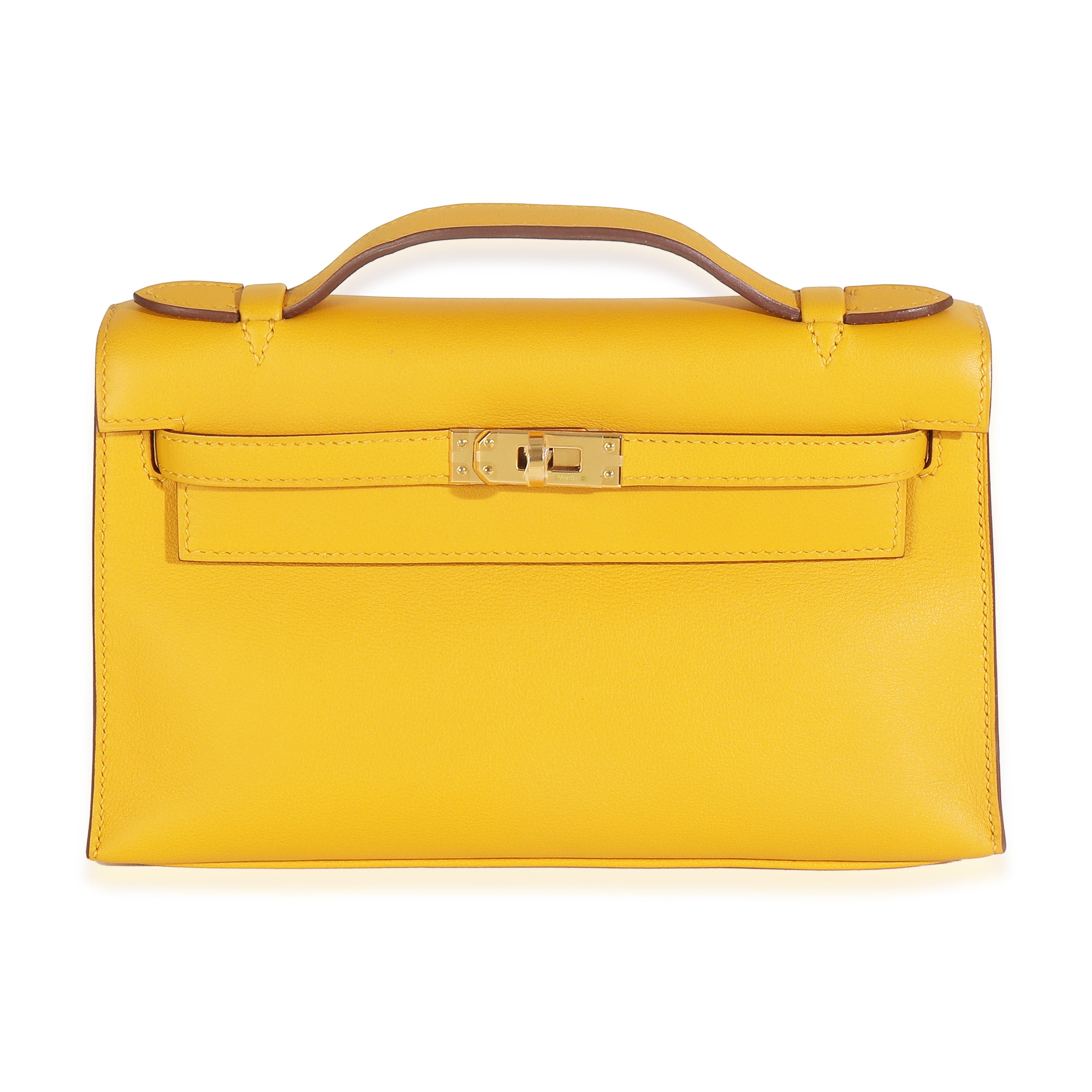 Hermès Jaune Ambre Swift Kelly Pochette GHW Handbag fv