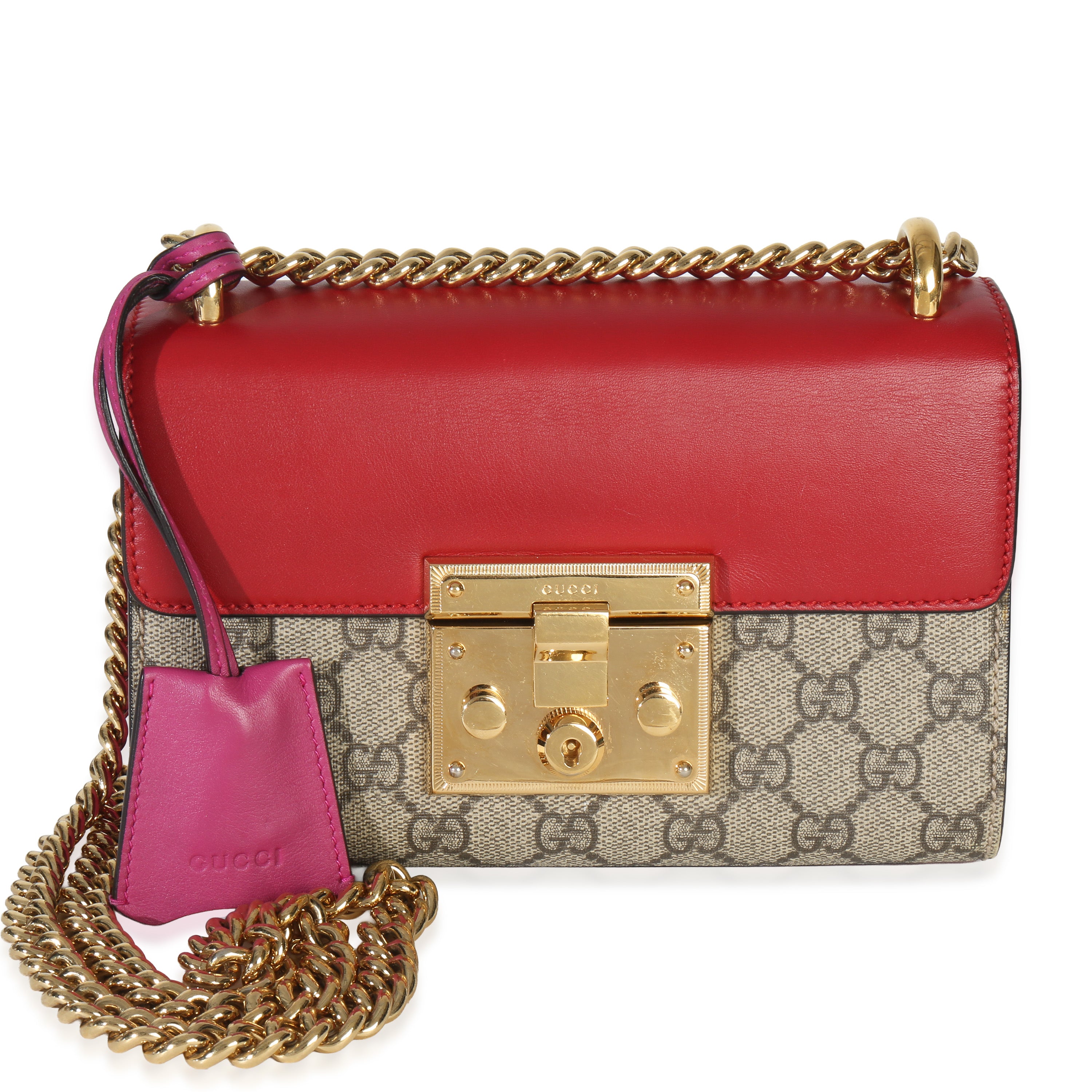 Gucci Red GG Supreme Canvas Small Padlock Shoulder Bag Handbag fv