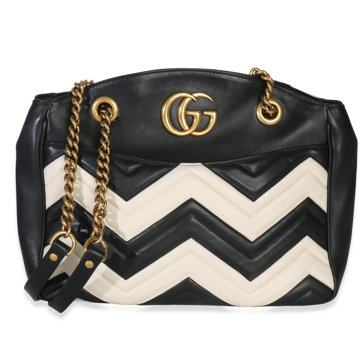 Gucci Black White Matelasse Medium GG Marmont Chain Tote Handbag fv