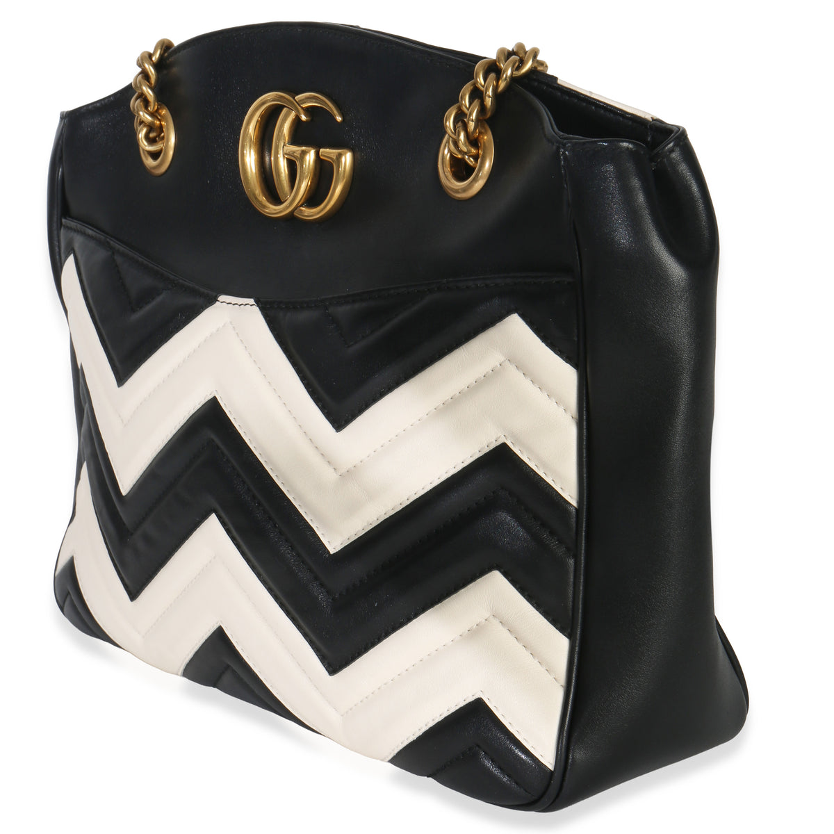 Gucci Black White Matelasse Medium GG Marmont Chain Tote Handbag pv