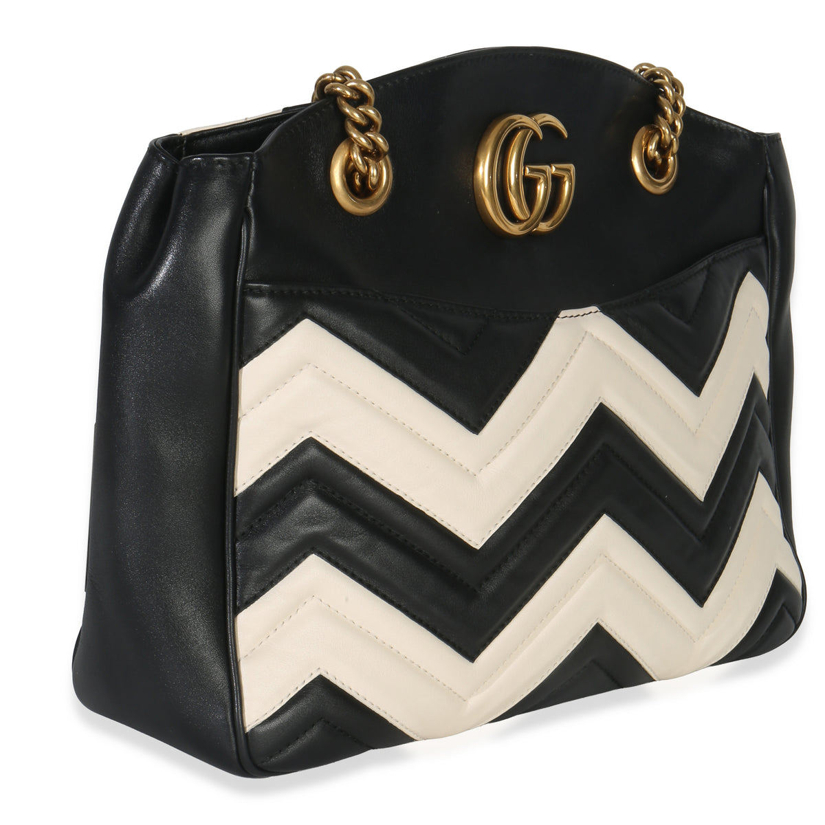Gucci Black White Matelasse Medium GG Marmont Chain Tote Handbag sv