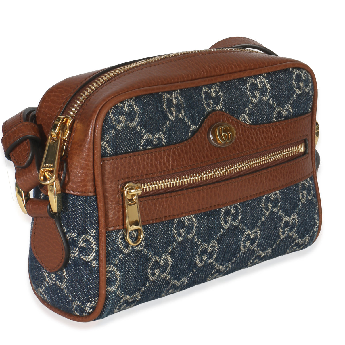 Gucci Brown Dollar Calfskin Navy GG Denim Mini Ophidia Crossbody Handbag bv