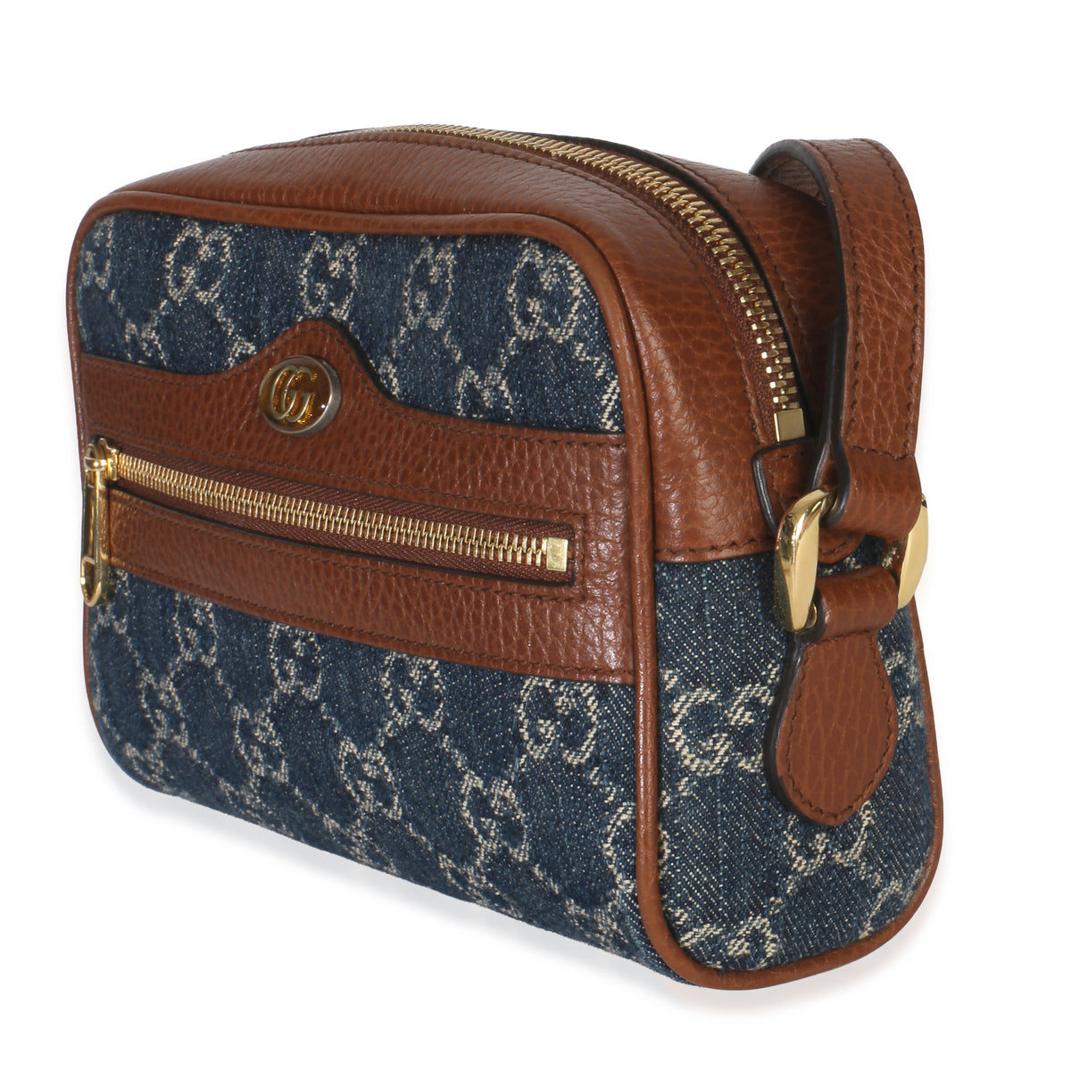 Gucci Brown Dollar Calfskin Navy GG Denim Mini Ophidia Crossbody Handbag pv