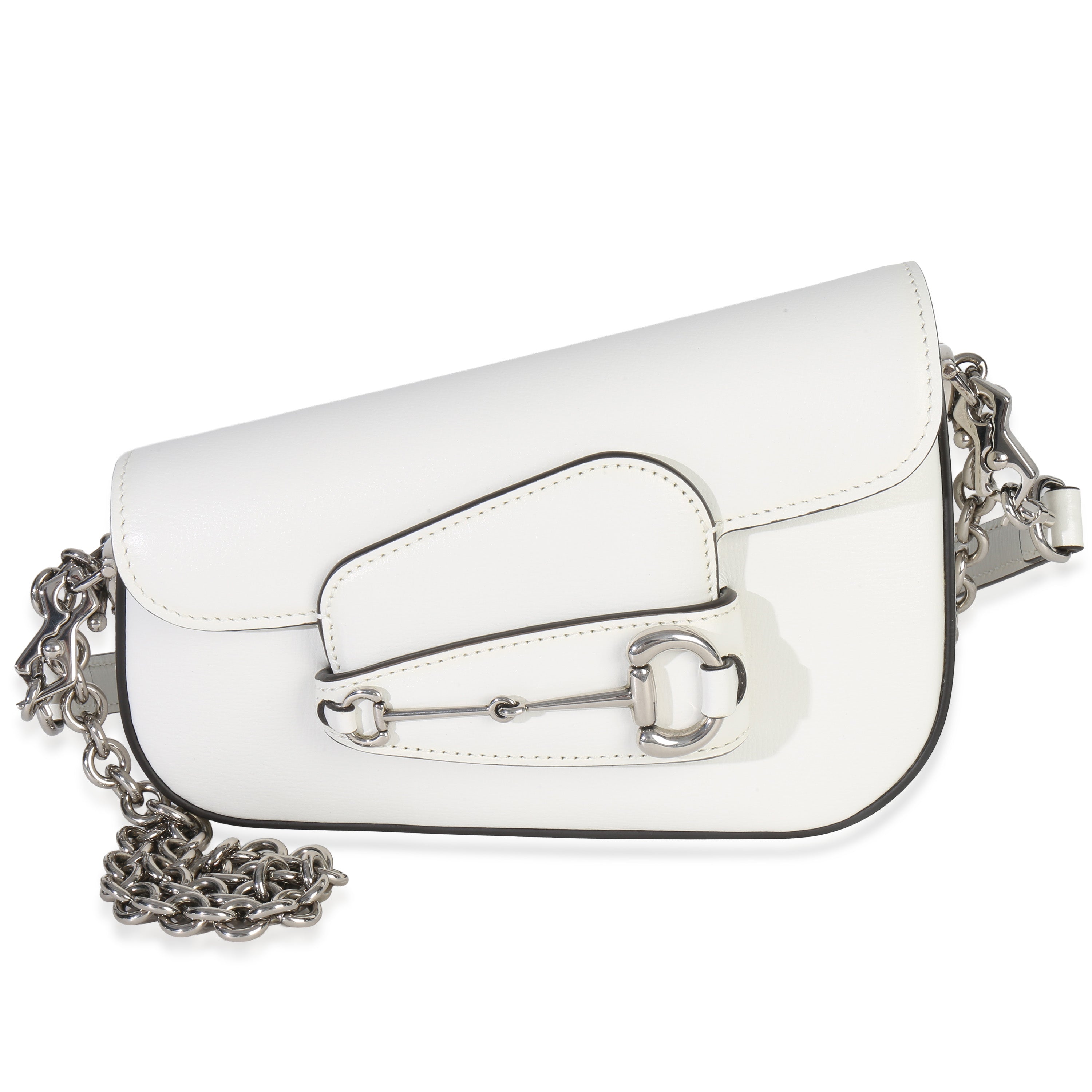 Gucci White Calfskin Mini Asymmetric Horsebit 1955 Shoulder Bag Handbag fv