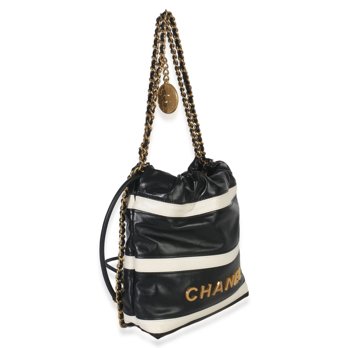 Chanel Black White Quilted Calfskin Mini  22 Hobo Handbag bv