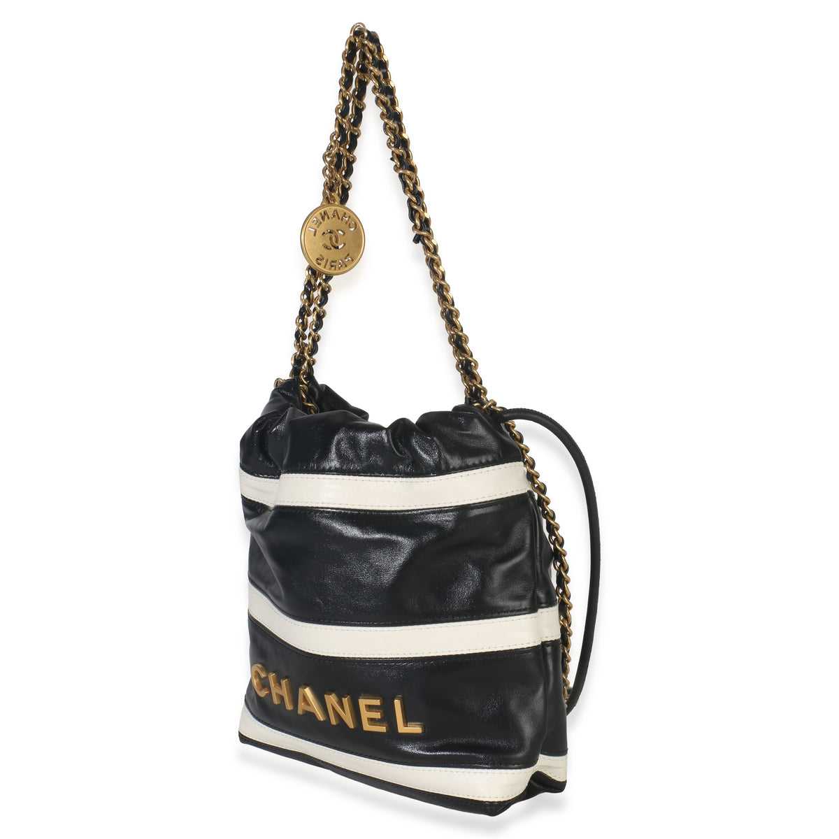 Chanel Black White Quilted Calfskin Mini  22 Hobo Handbag pv