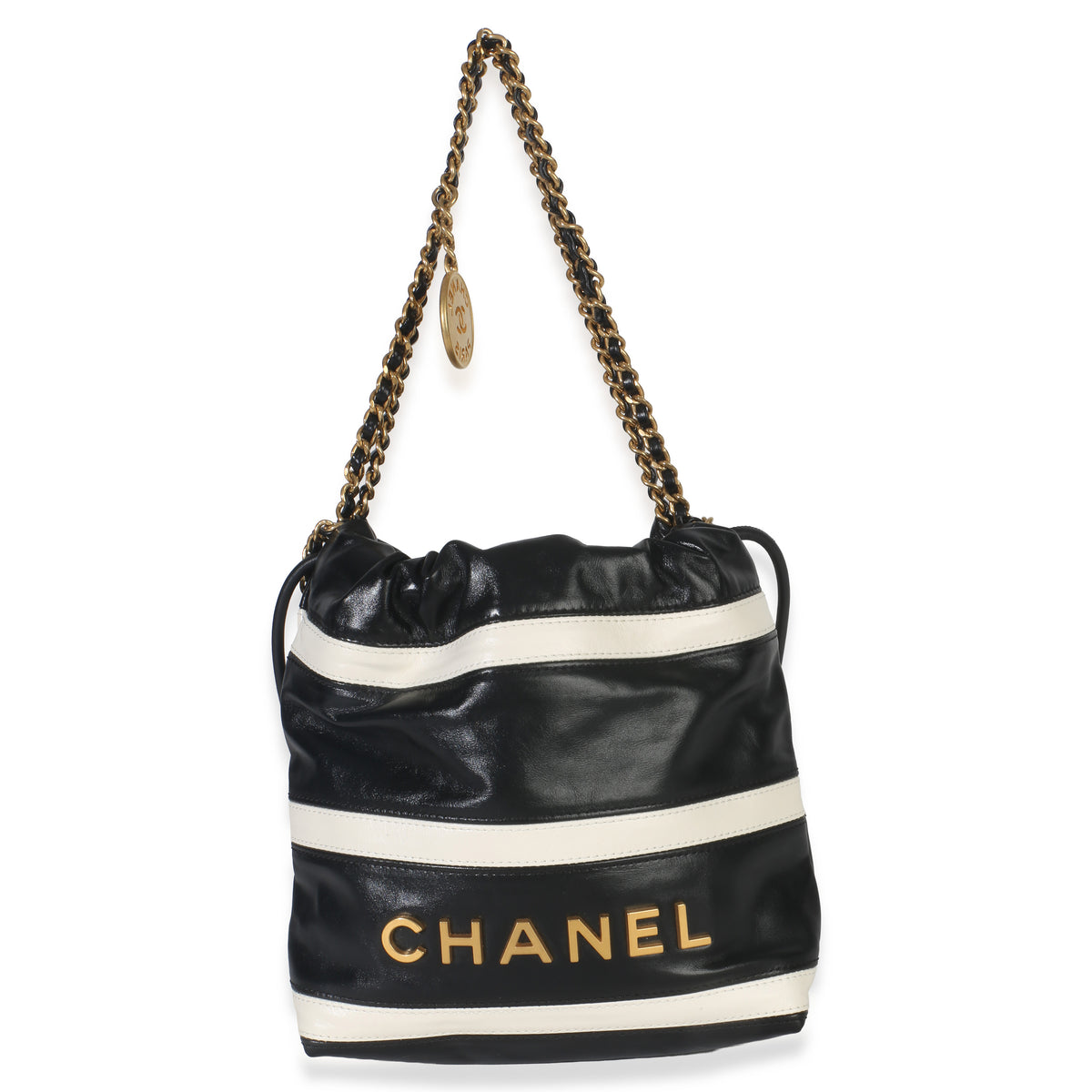 Chanel Black White Quilted Calfskin Mini  22 Hobo Handbag sv