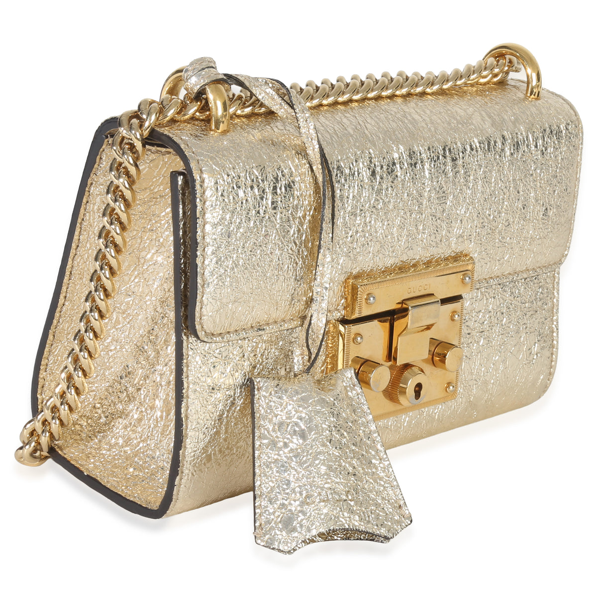 Gucci Gold Metallic Crinkled Leather Small Padlock Chain Bag Handbag bv