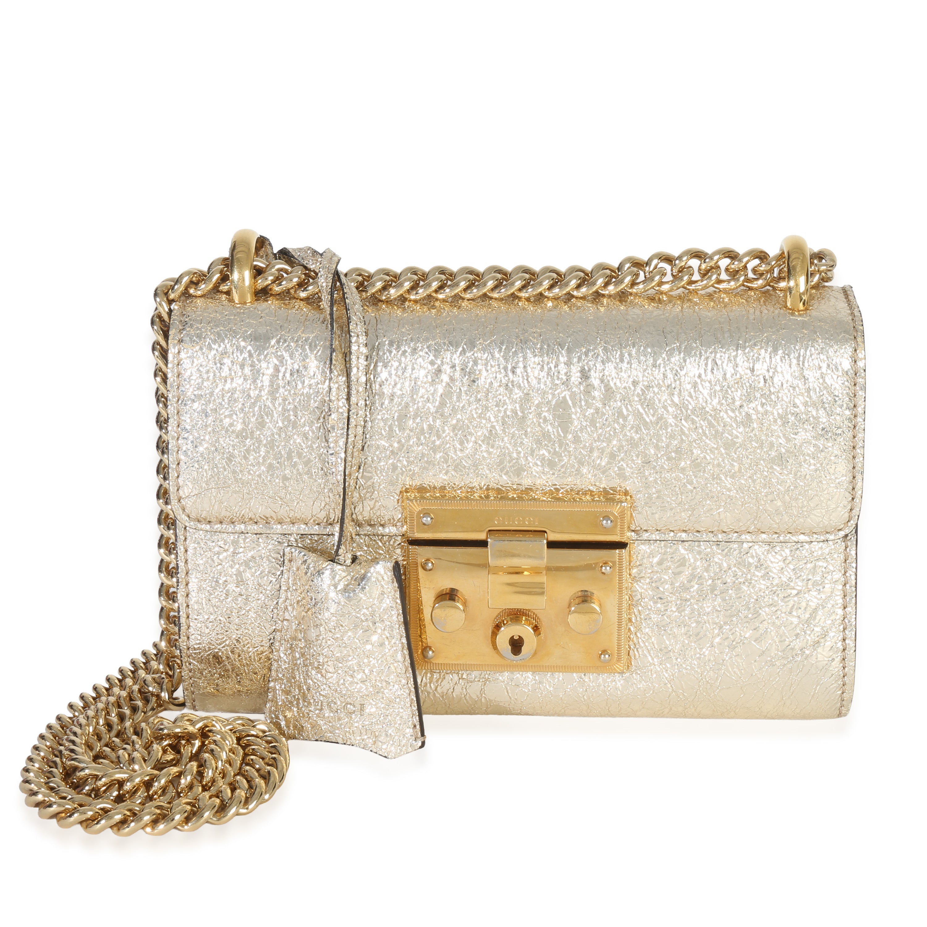 Gucci Gold Metallic Crinkled Leather Small Padlock Chain Bag Handbag fv