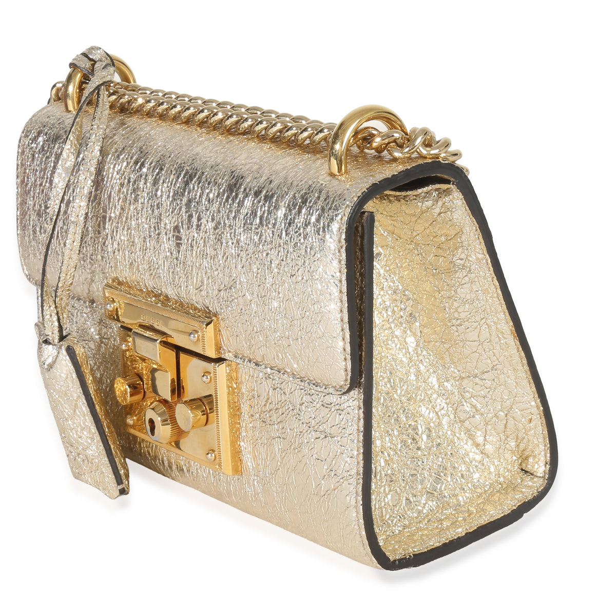 Gucci Gold Metallic Crinkled Leather Small Padlock Chain Bag Handbag pv