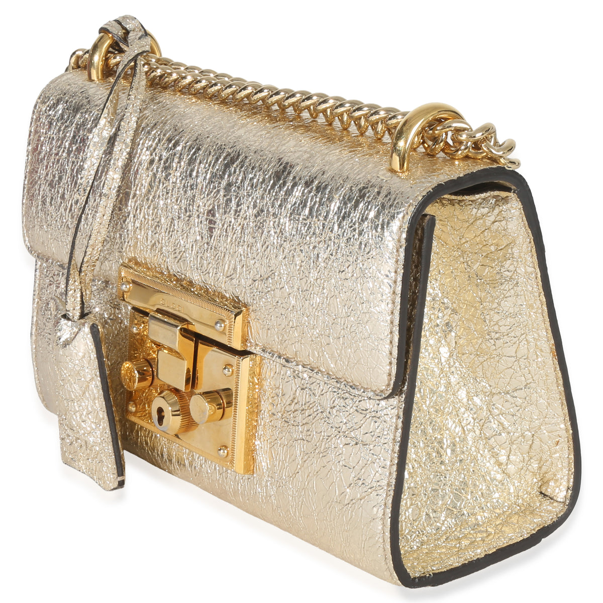 Gucci Gold Metallic Crinkled Leather Small Padlock Chain Bag Handbag sv