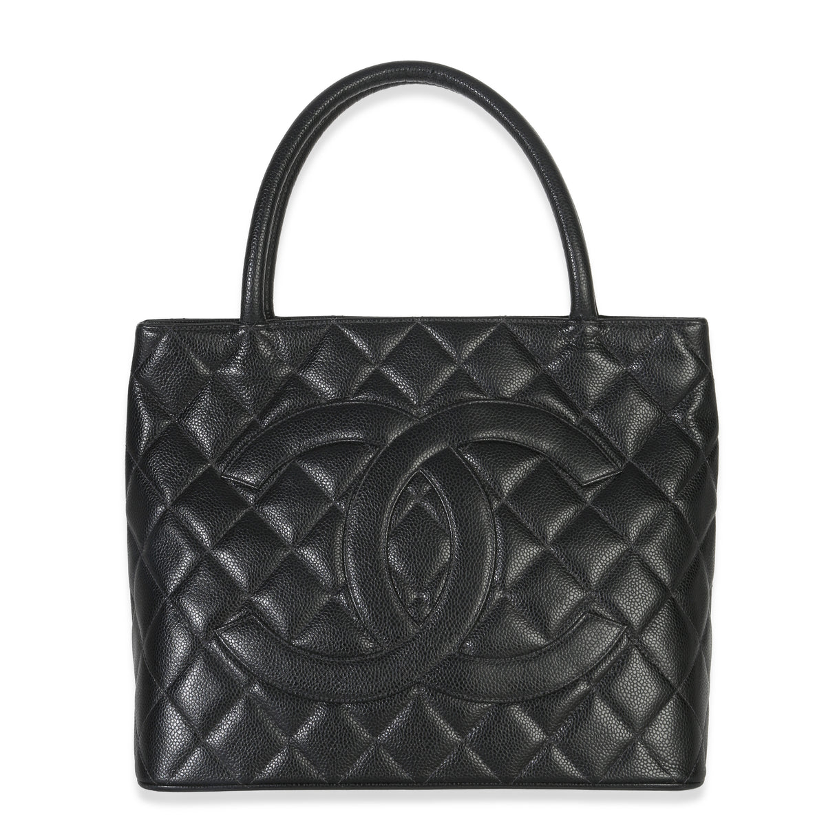 Chanel Vintage Black Quilted Caviar Medallion Tote Handbag fv