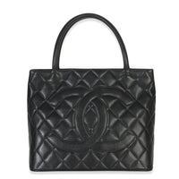 Chanel Vintage Black Quilted Caviar Medallion Tote Handbag fv