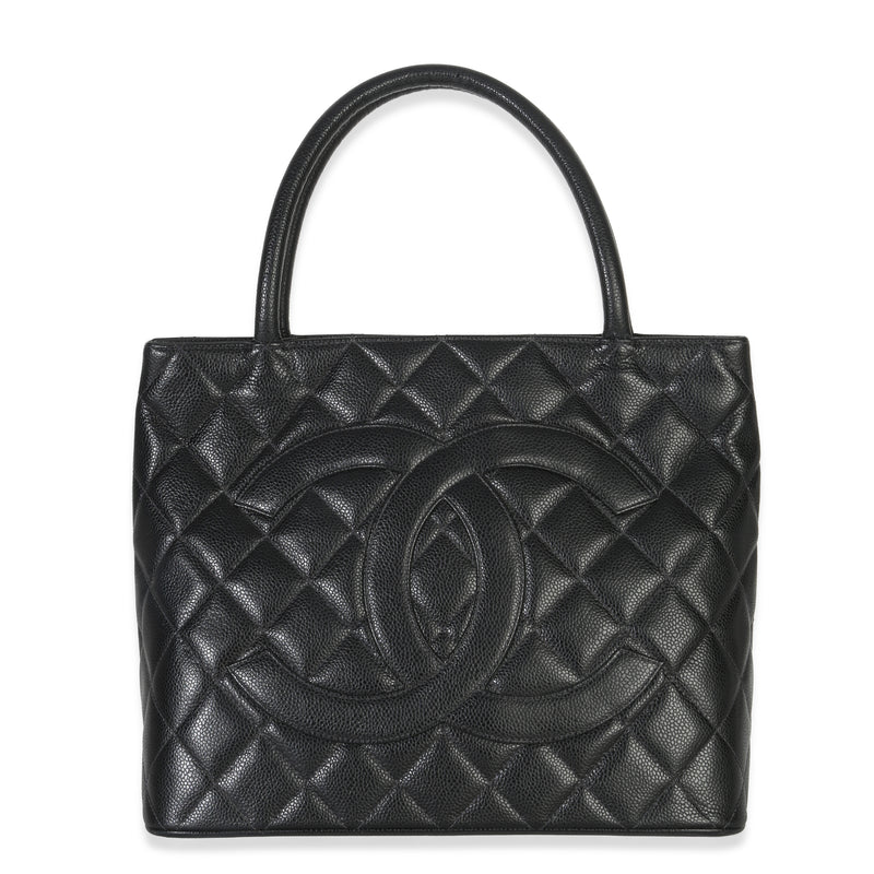 Chanel Vintage Black Quilted Caviar Medallion Tote Handbag fv