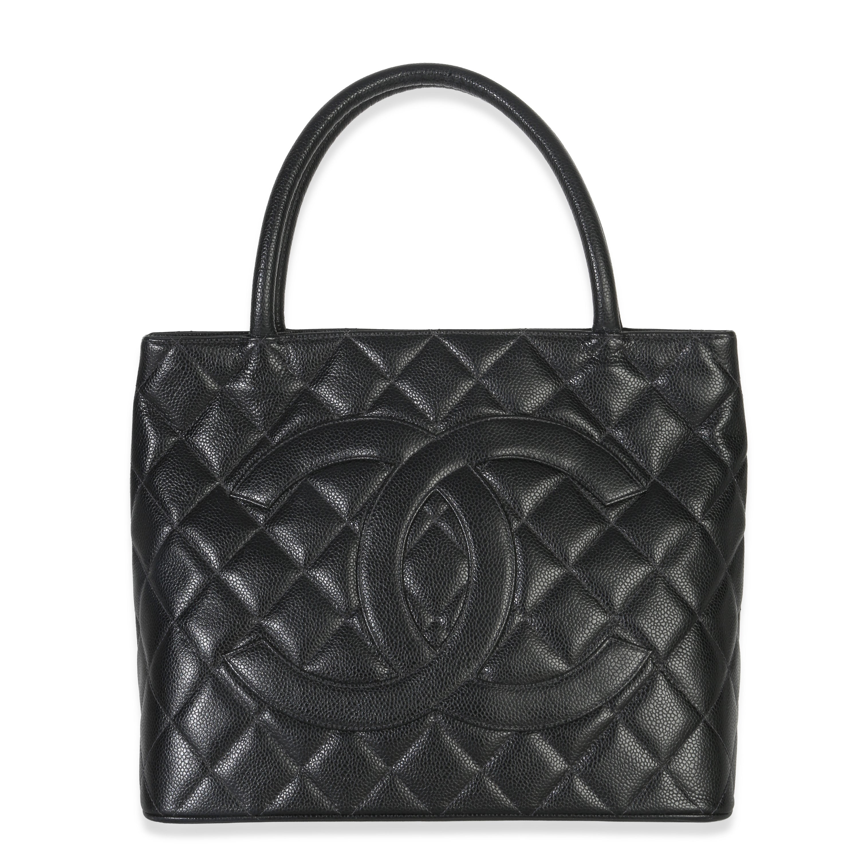 Chanel Vintage Black Quilted Caviar Medallion Tote Handbag fv