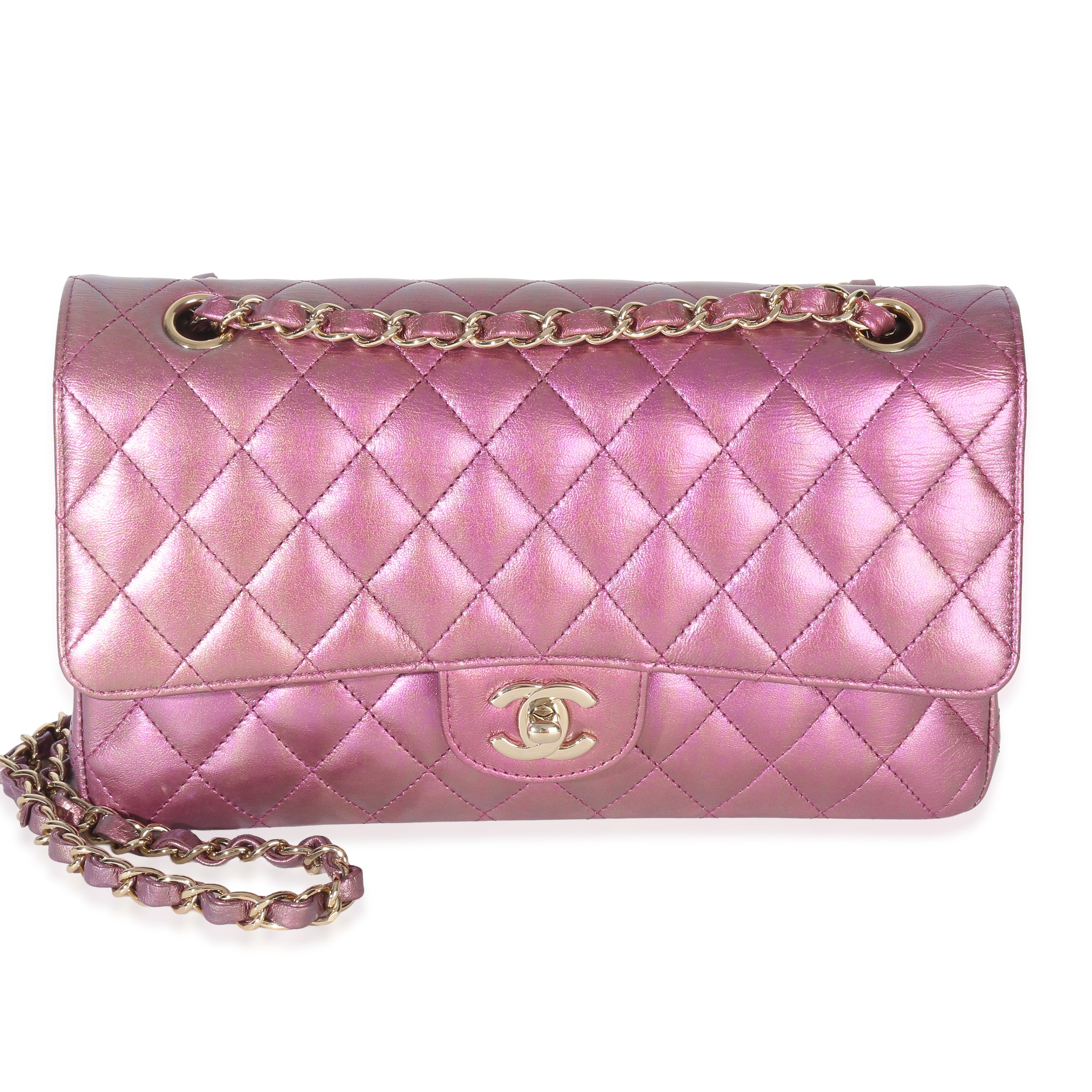 Chanel Dark Pink Iridescent Quilted Lambskin Medium Classic Double Flap Bag Handbag fv