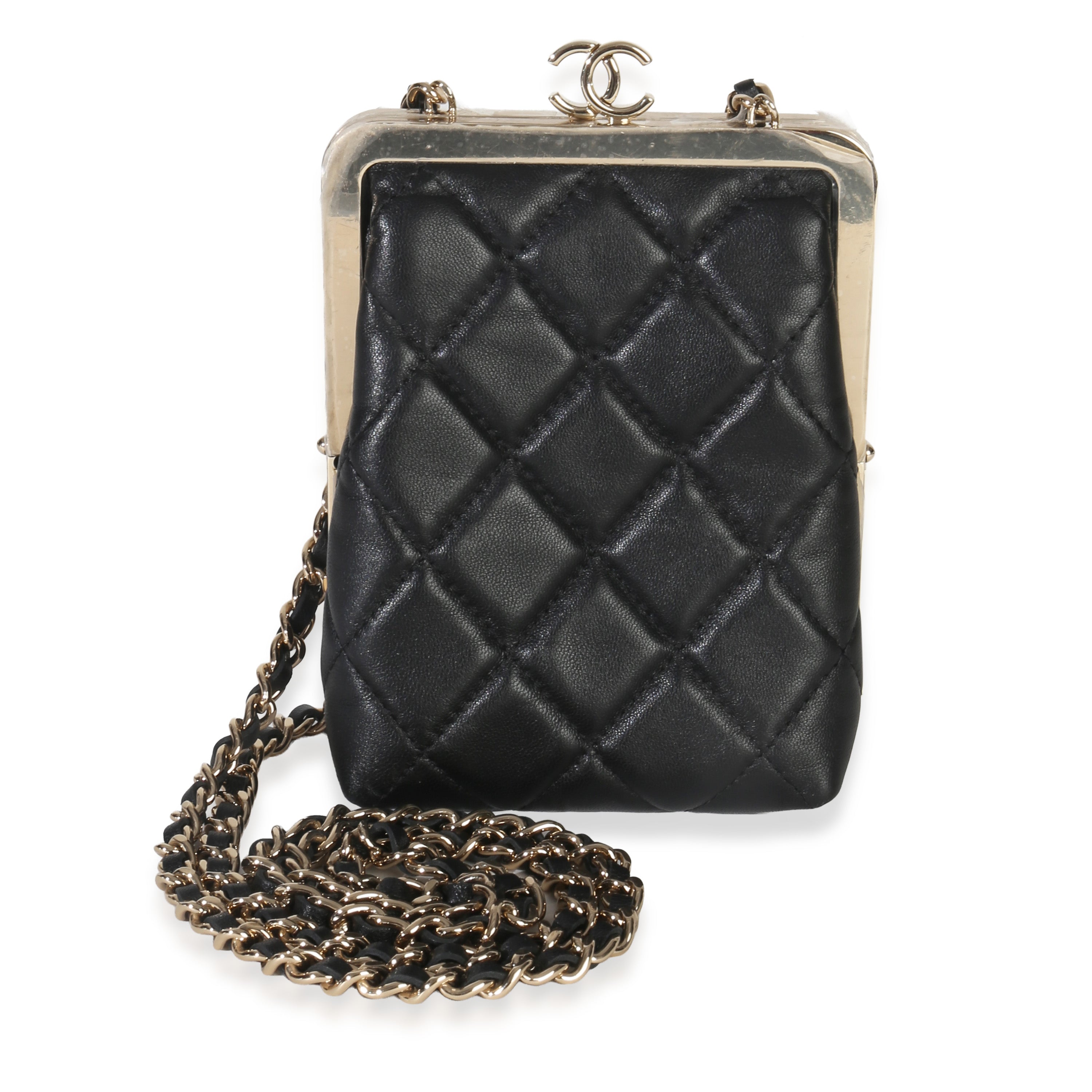 Chanel Black Quilted Lambskin CC Frame Clutch With Chain Handbag fv