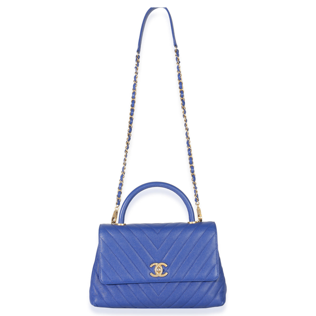 Chanel Blue Chevron Medium Coco Top Handle Bag Handbag av