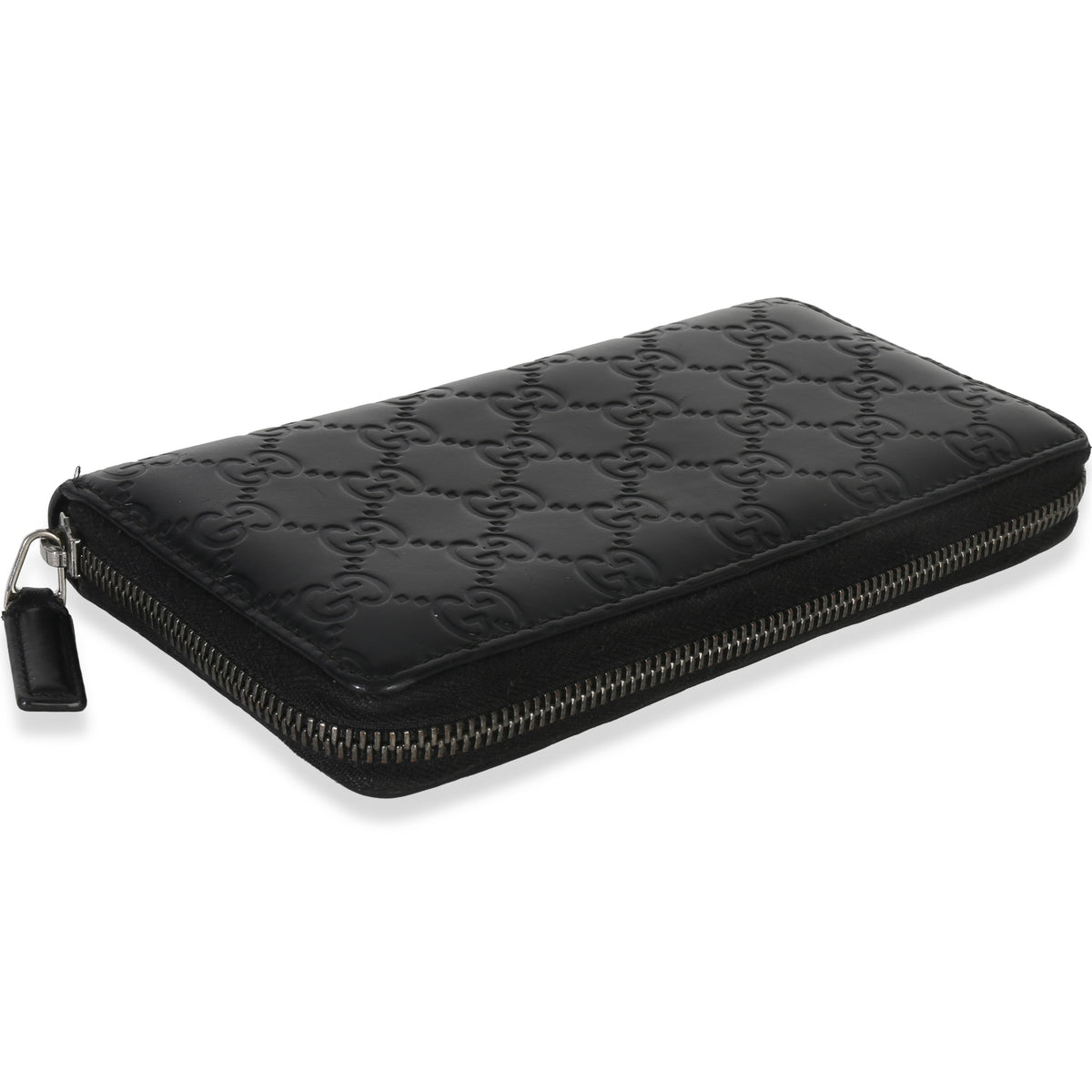 Gucci Black ssima Signature Zip Around Long Wallet Handbag clasp