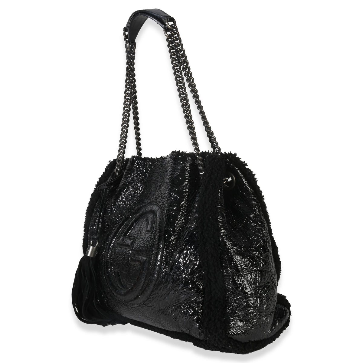 Gucci Black Patent Shearling Medium Soho Hobo Handbag sv
