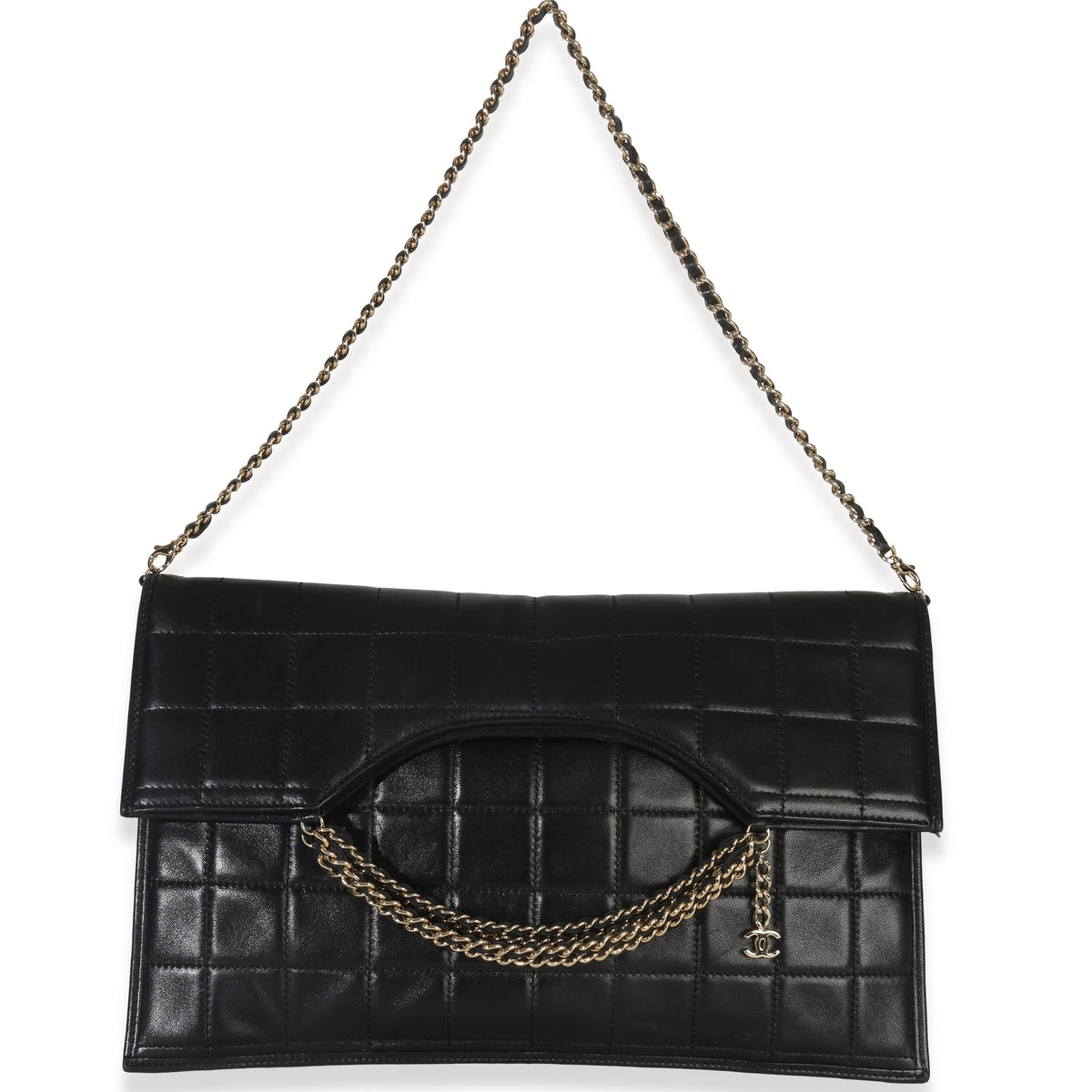 Chanel Vintage Black Lambskin Chocolate Bar Foldover Chain Clutch Handbag av