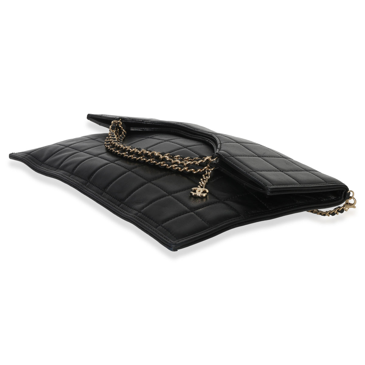 Chanel Vintage Black Lambskin Chocolate Bar Foldover Chain Clutch Handbag box