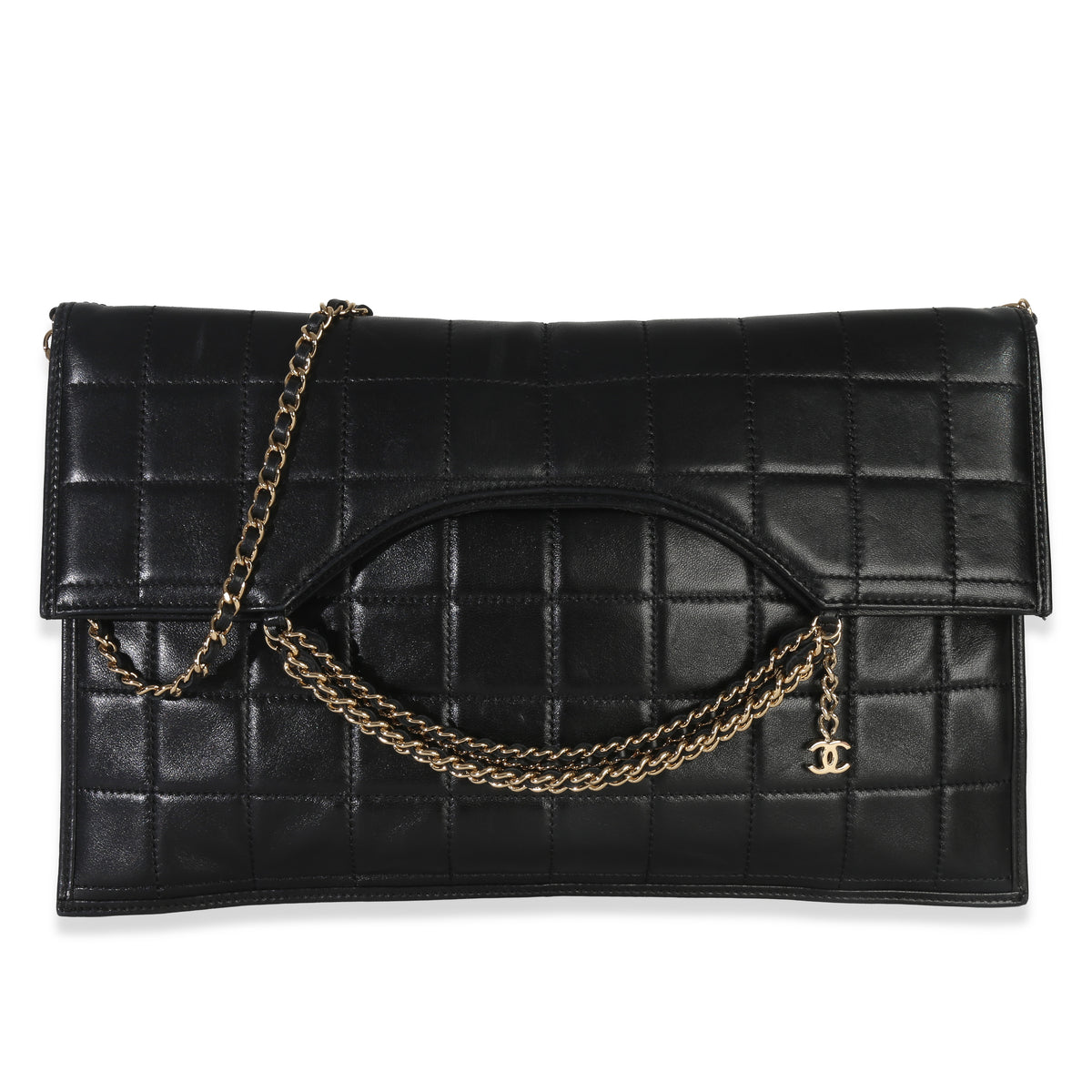 Chanel Vintage Black Lambskin Chocolate Bar Foldover Chain Clutch Handbag fv