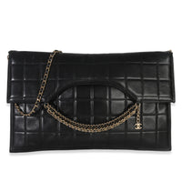 Chanel Vintage Black Lambskin Chocolate Bar Foldover Chain Clutch Handbag fv