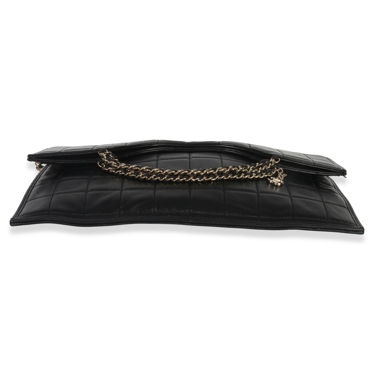 Chanel Vintage Black Lambskin Chocolate Bar Foldover Chain Clutch Handbag stamp