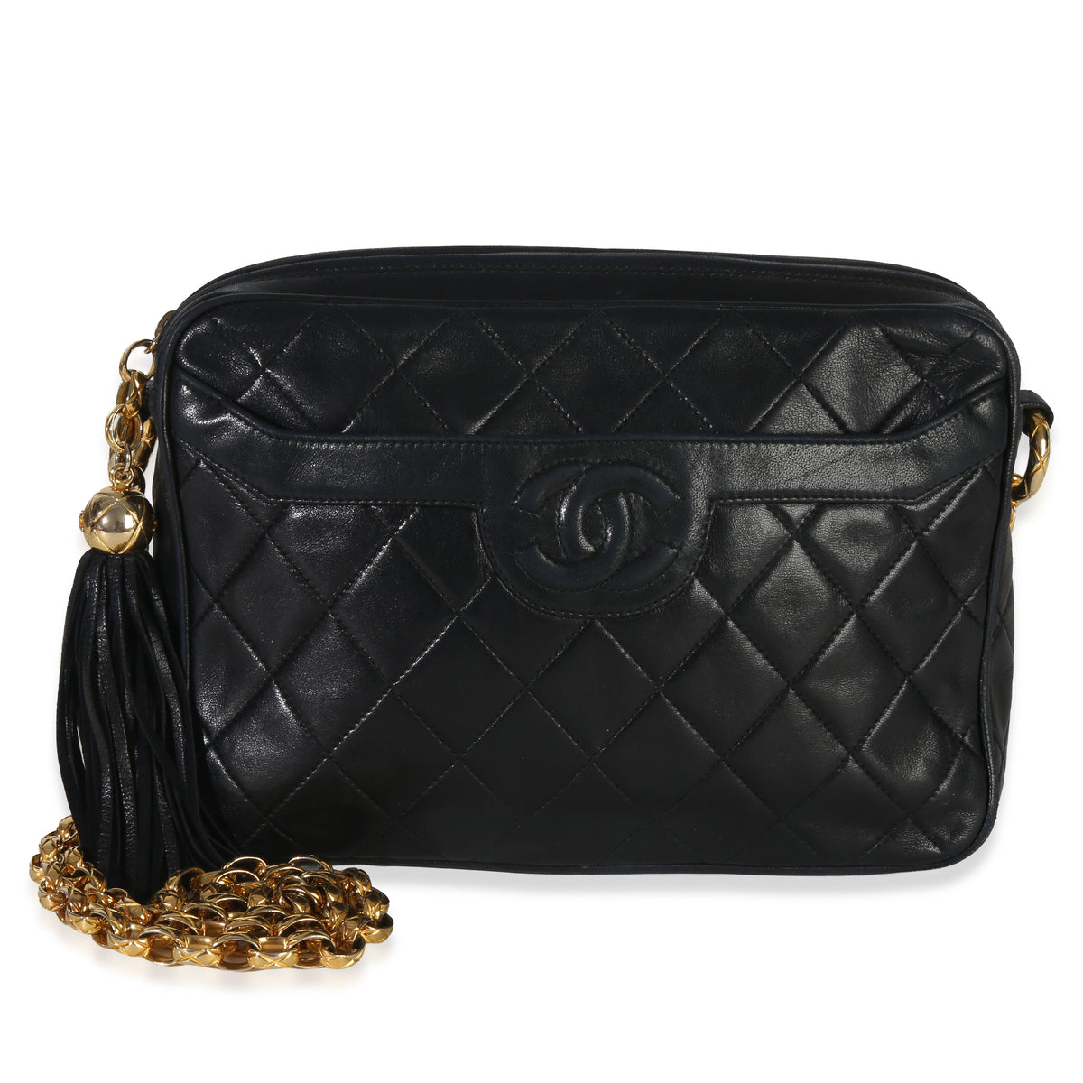Chanel Vintage Black Quilted Lambskin Small Tassel Camera Bag Handbag fv