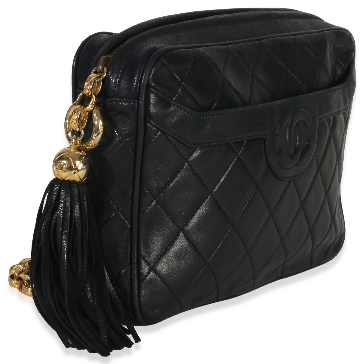 Chanel Vintage Black Quilted Lambskin Small Tassel Camera Bag Handbag pv