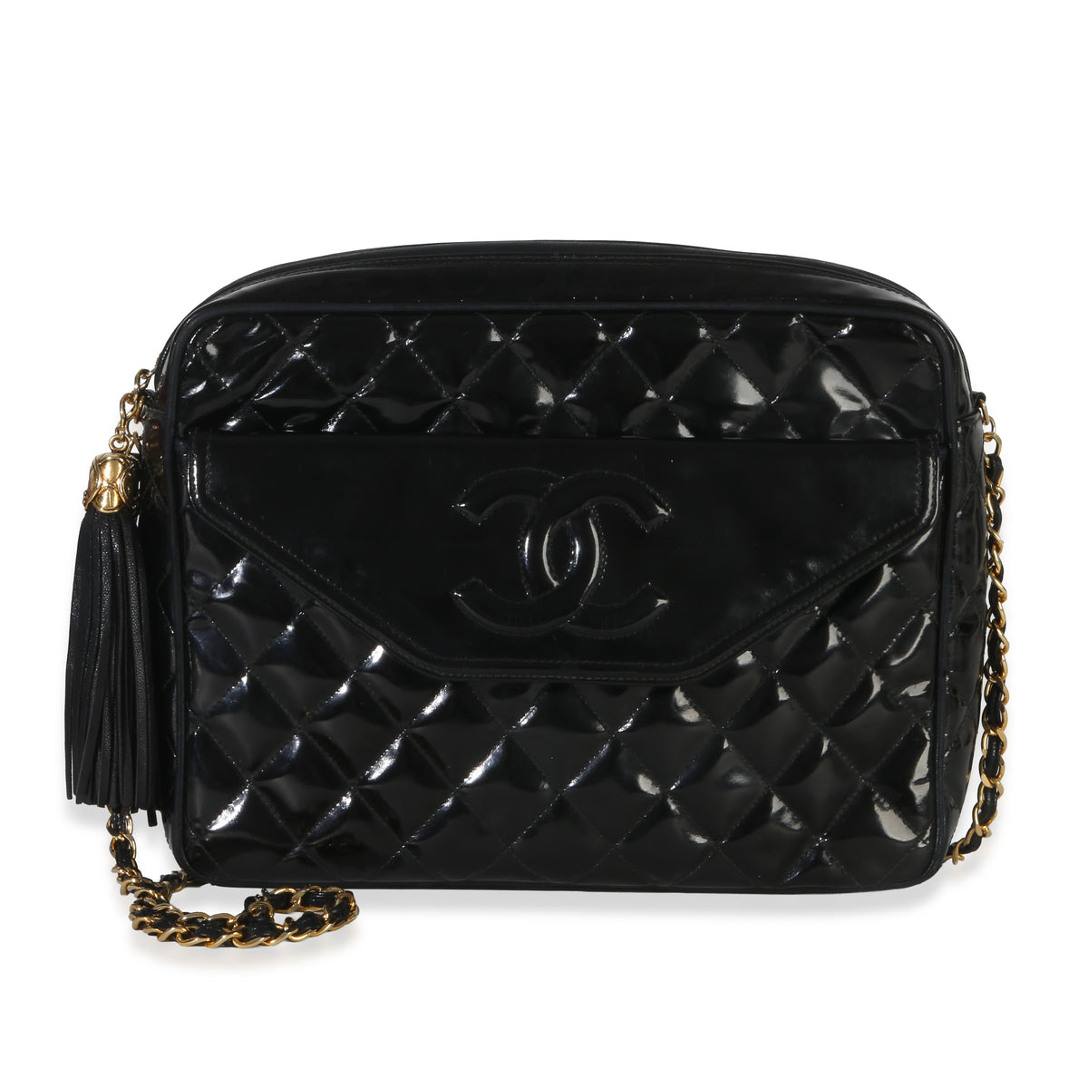 Chanel Vintage Black Quilted Patent Medium Tassel Camera Bag Handbag id