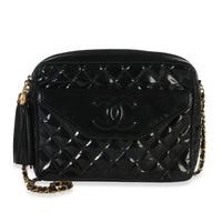 Chanel Vintage Black Quilted Patent Medium Tassel Camera Bag Handbag id
