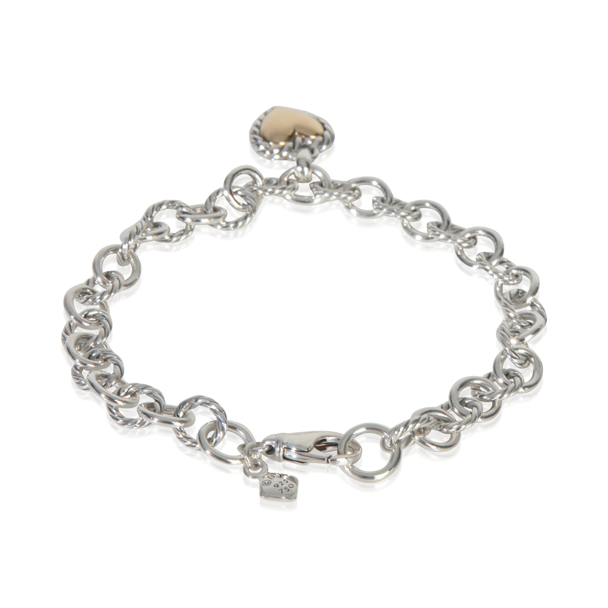 David Yurman Yellow Gold & Sterling Silver  Cable Heart Charm Bracelet pv