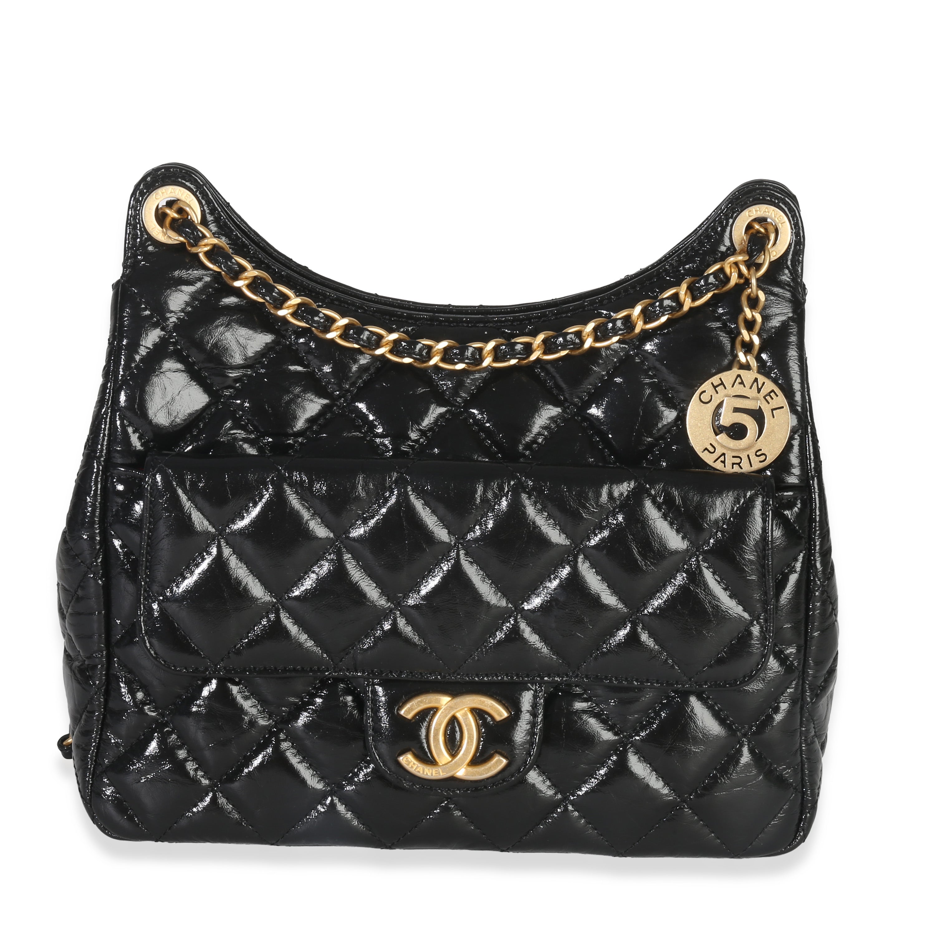Chanel Black Quilted Shiny Crumpled Calfskin Small Wavy CC Hobo Handbag id