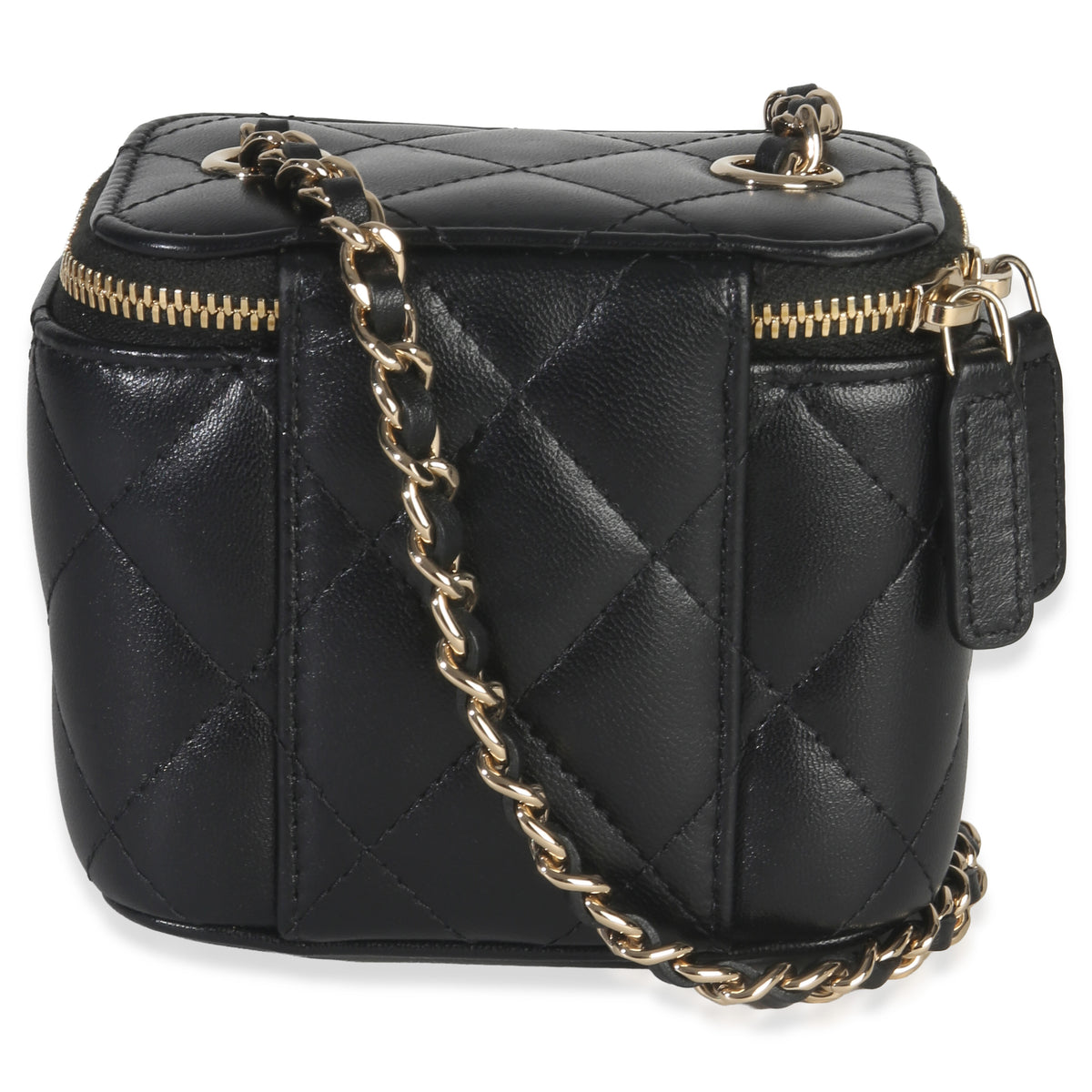 Chanel Black Quilted Lambskin Camelia Bow Chain Mini Vanity Case Handbag bv