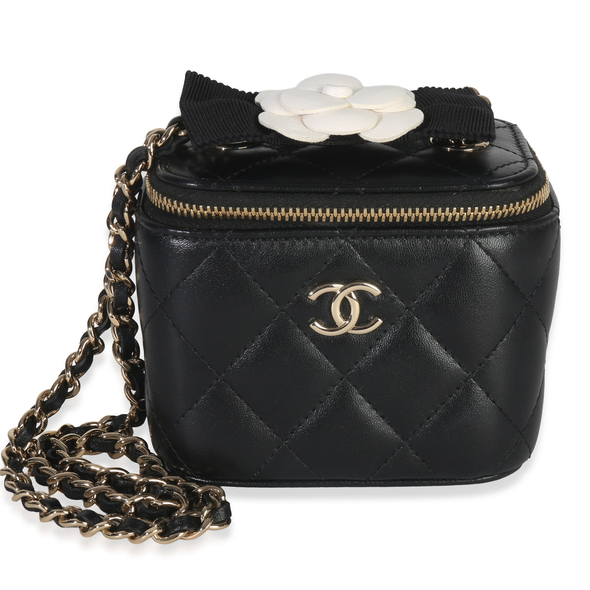 Chanel Black Quilted Lambskin Camelia Bow Chain Mini Vanity Case Handbag id
