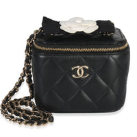 Chanel Black Quilted Lambskin Camelia Bow Chain Mini Vanity Case Handbag id