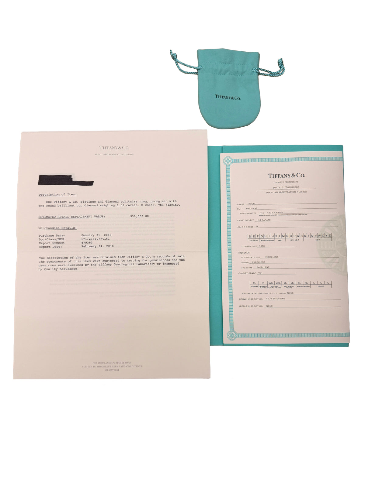 Tiffany & Co. 1.59 ct Round Brilliant Diamond Engagement Ring box