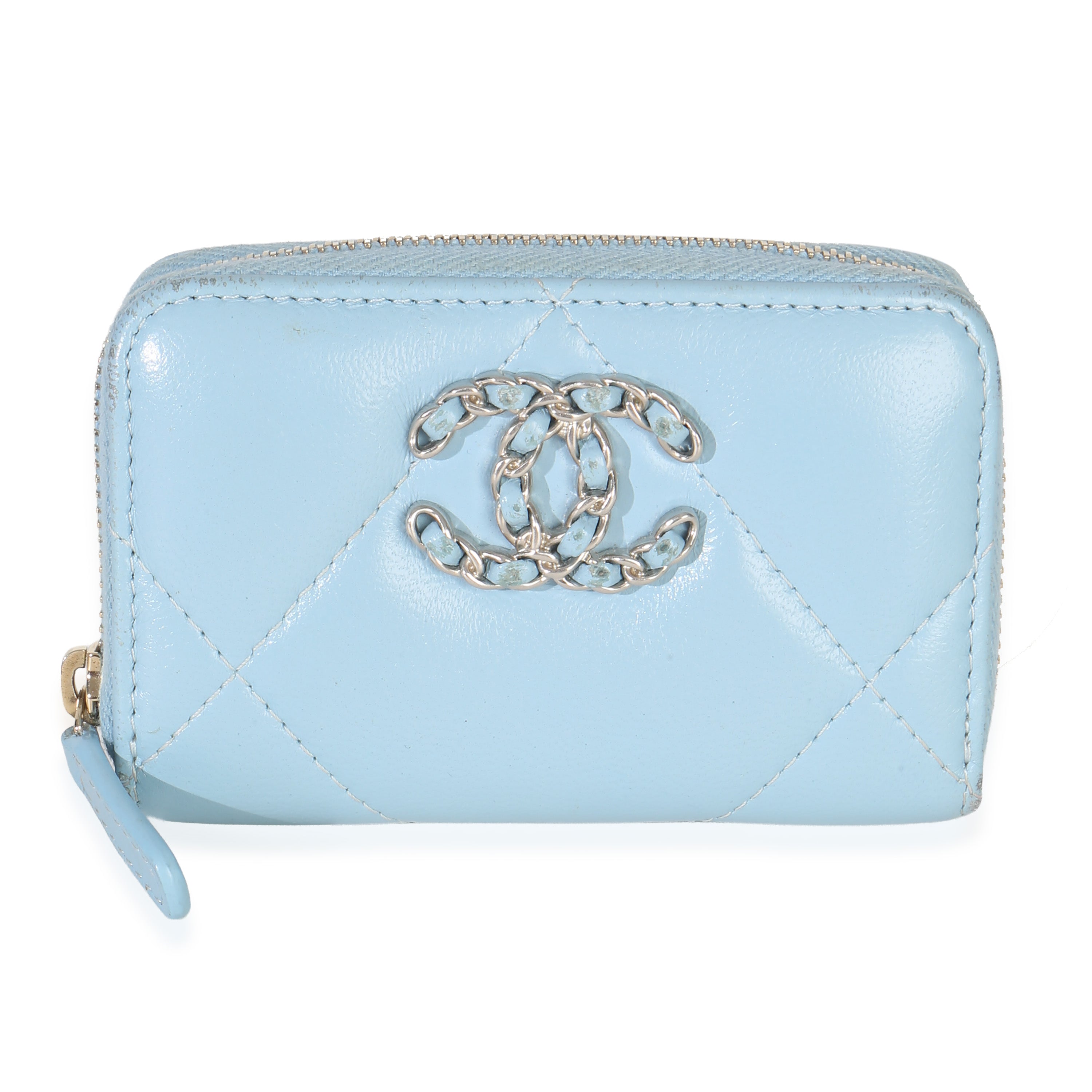 Chanel Light Blue Quilted Lambskin  19 Zip Around Coin Purse Wallet Handbag id