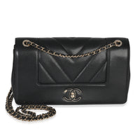 Chanel Vintage Black Chevron Quilted Sheepskin Medium Mademoiselle Flap Bag Handbag id