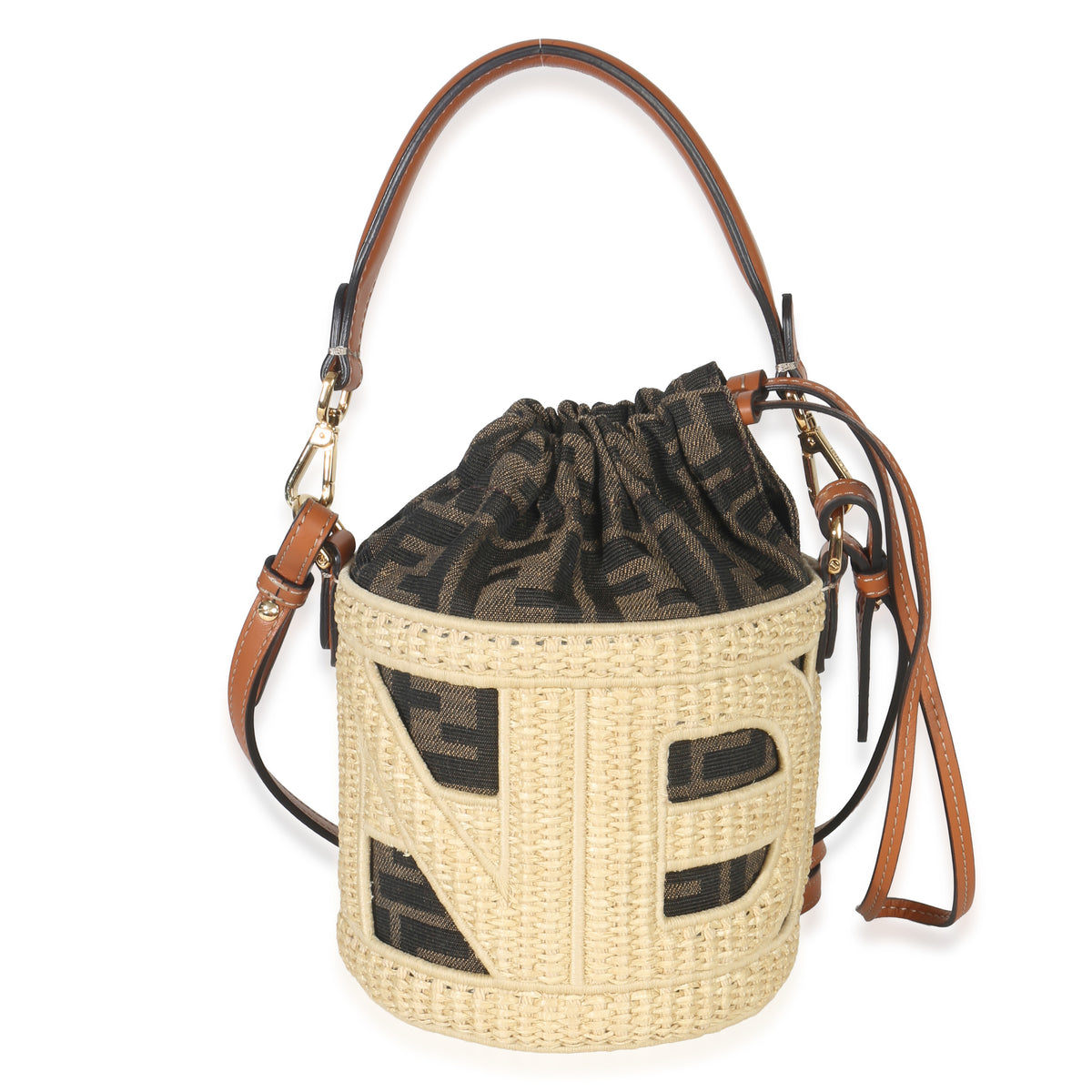 Fendi Beige Brown Raffia Zucca Canvas FF Step Out Bucket Bag Handbag id