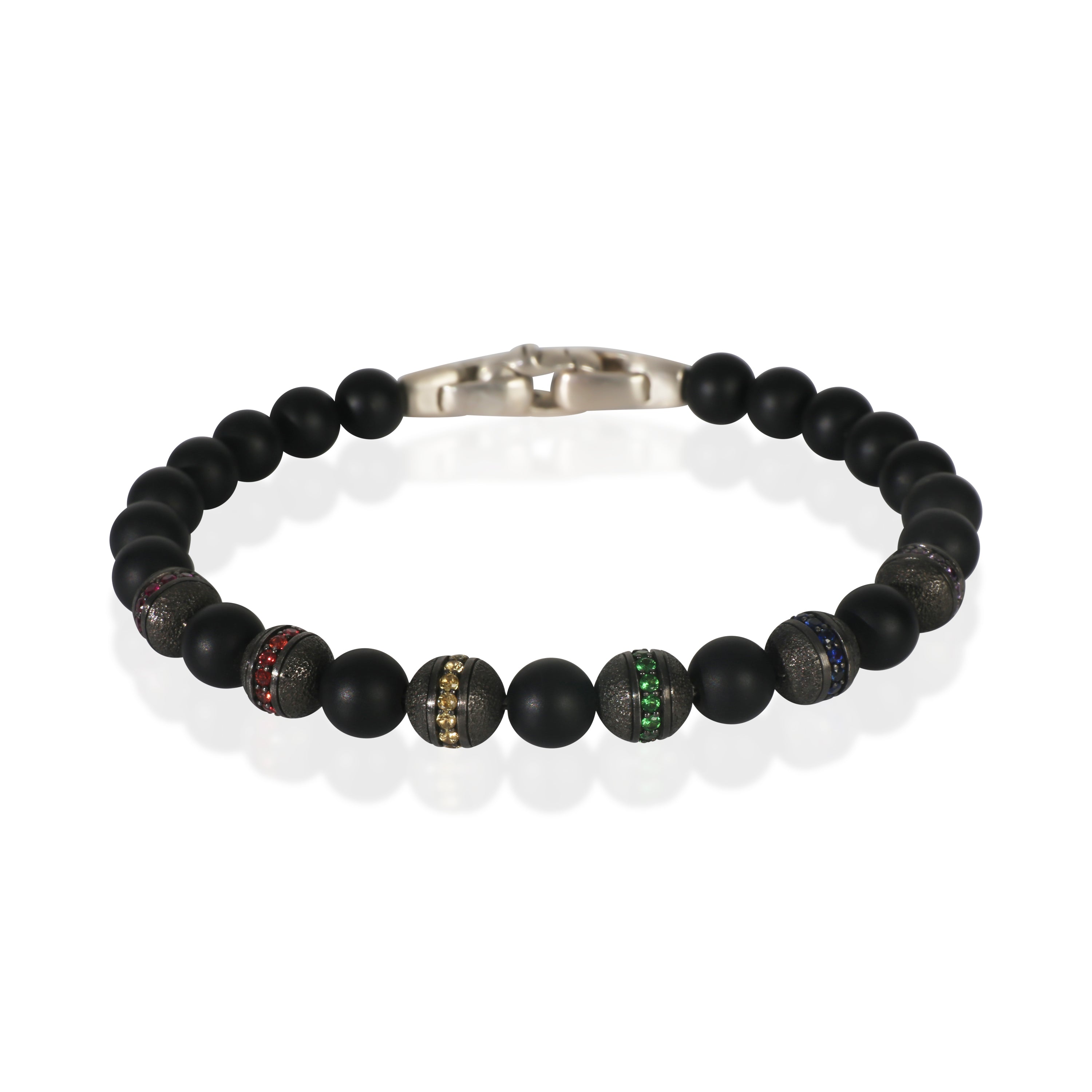 David Yurman Sterling Silver Onyx Rainbow Spiritual Bead Bracelet fv