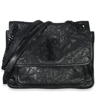 Saint Laurent Black Crinkled Calfskin Matelasse Medium Niki Chain Satchel Handbag id