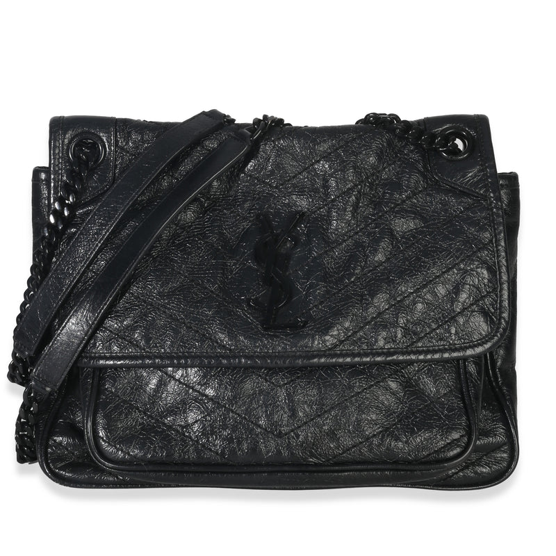 Saint Laurent Black Crinkled Calfskin Matelasse Medium Niki Chain Satchel Handbag id