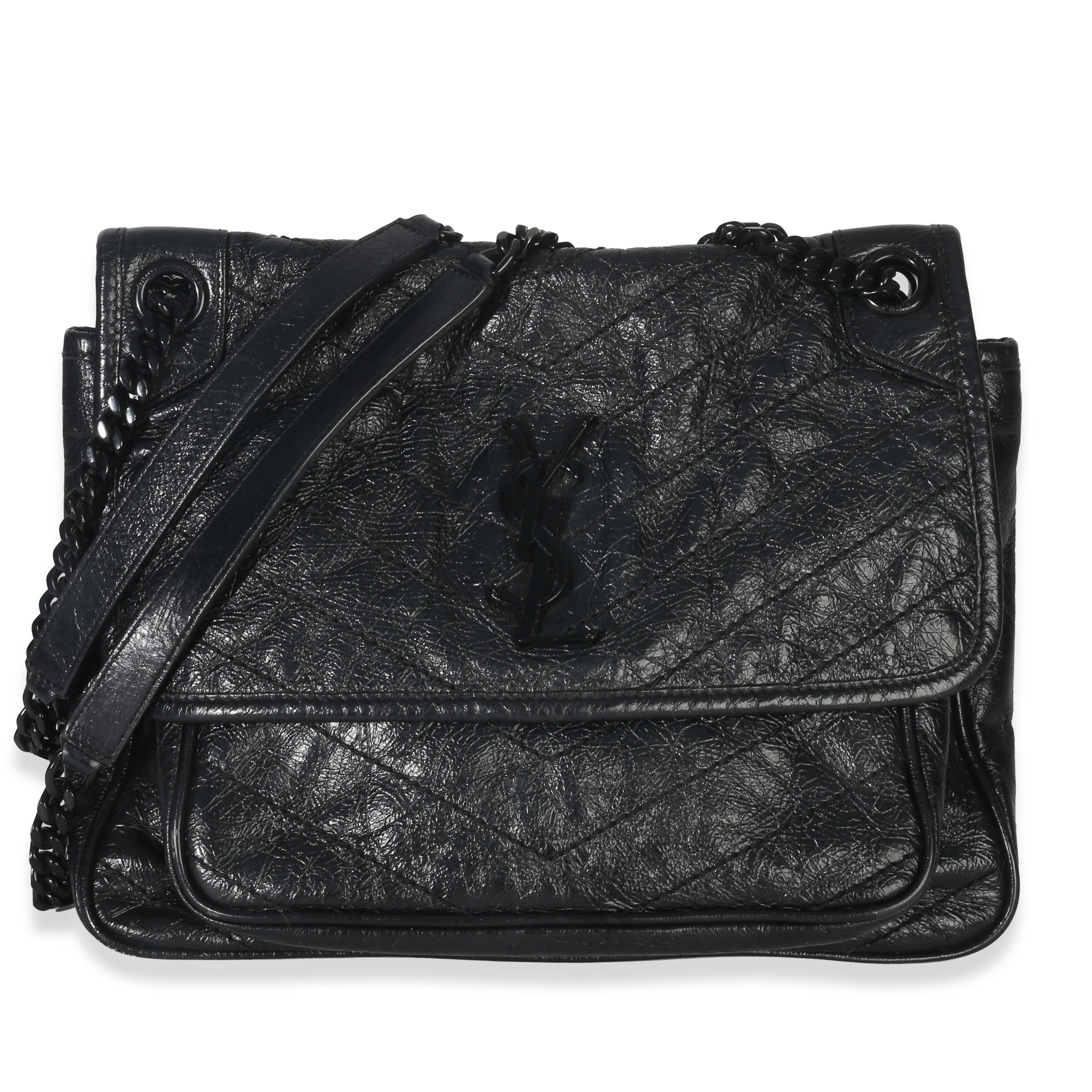 Saint Laurent Black Crinkled Calfskin Matelasse Medium Niki Chain Satchel Handbag id