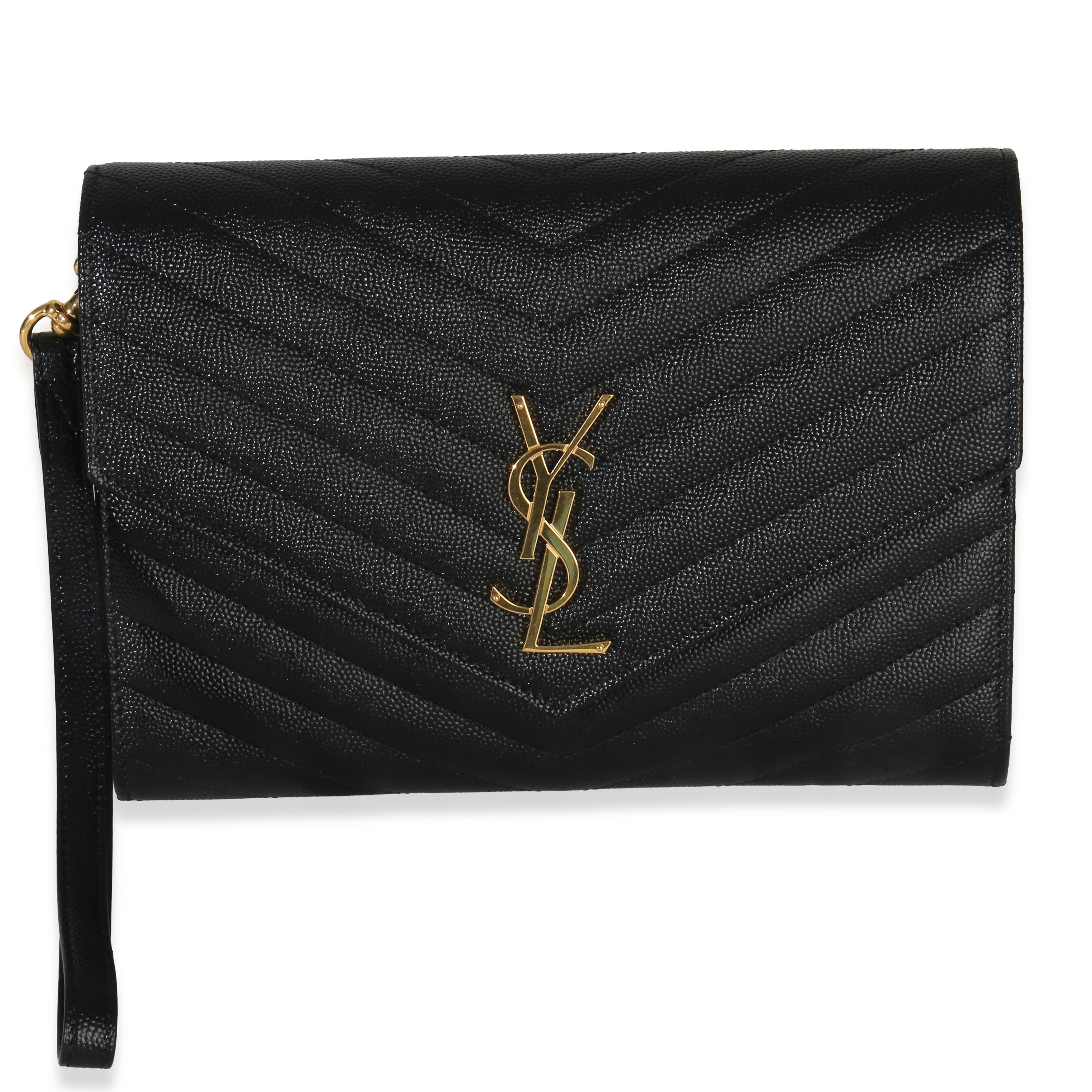 Saint Laurent Black Grain De Poudre Cassandre Matelasse Flap Pouch Handbag id
