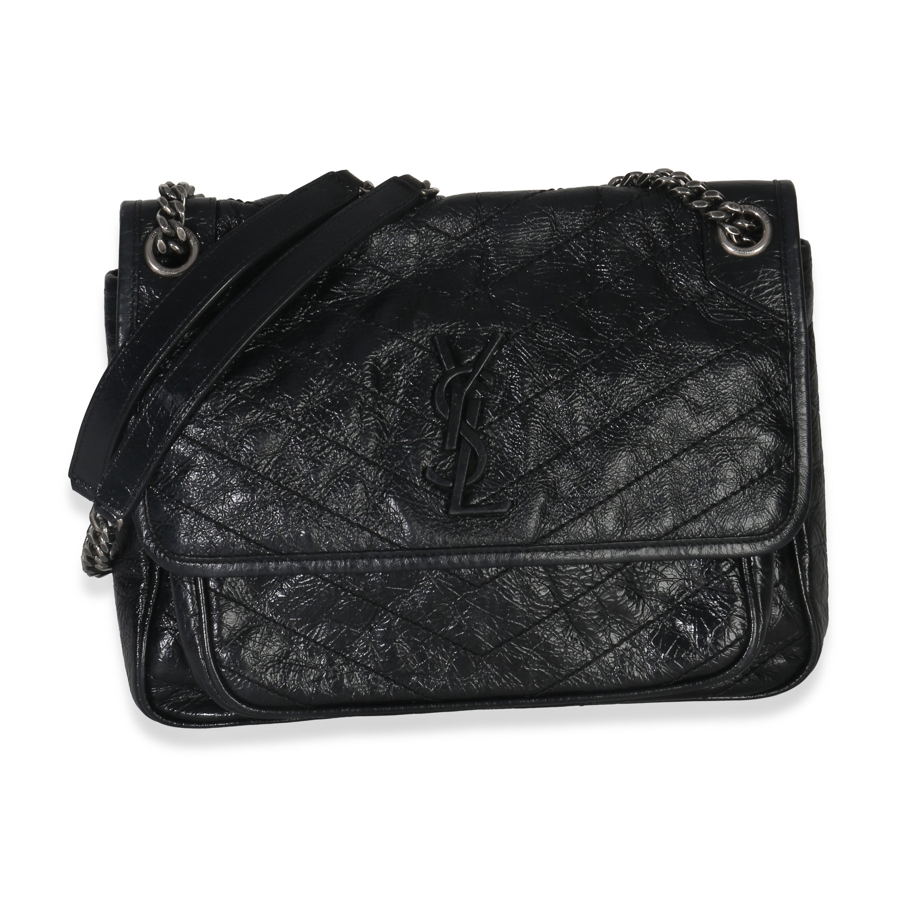 Saint Laurent Black Crinkled Calfskin Matelasse Medium Niki Chain Satchel Handbag id